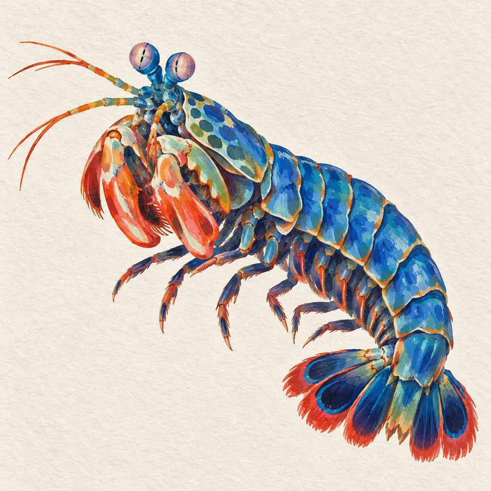 AI-generated mantis shrimp with cobalt blue shell and coral accents in a gouache style