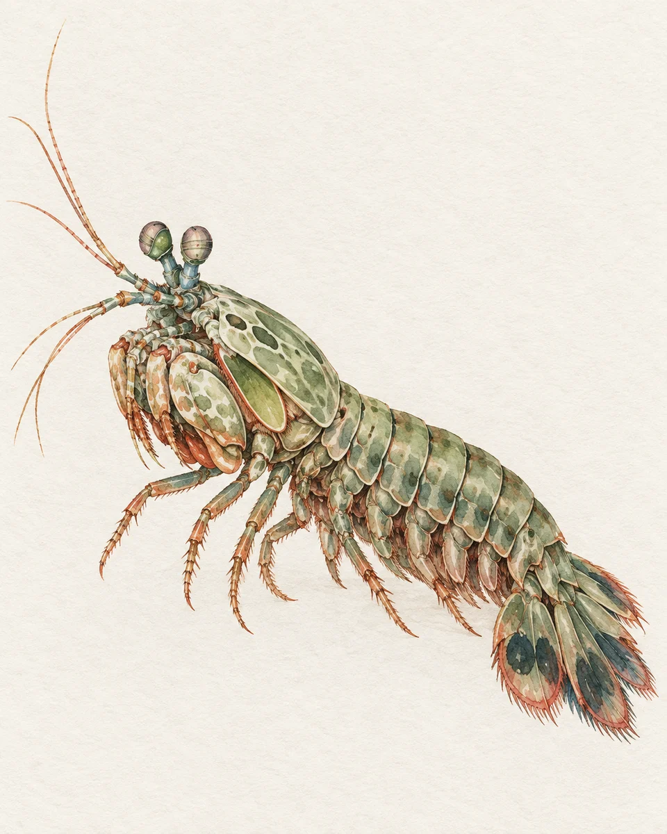 AI-generated mantis shrimp rendered with muted moss-green and sepia ink-like marks on cream paper